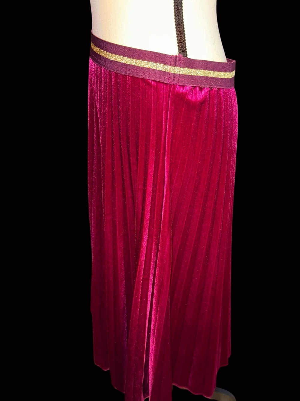 Maeve Anthropologie Burgundy Velvet Pleated Midi Skirt Gold Trim MP Petite EUC